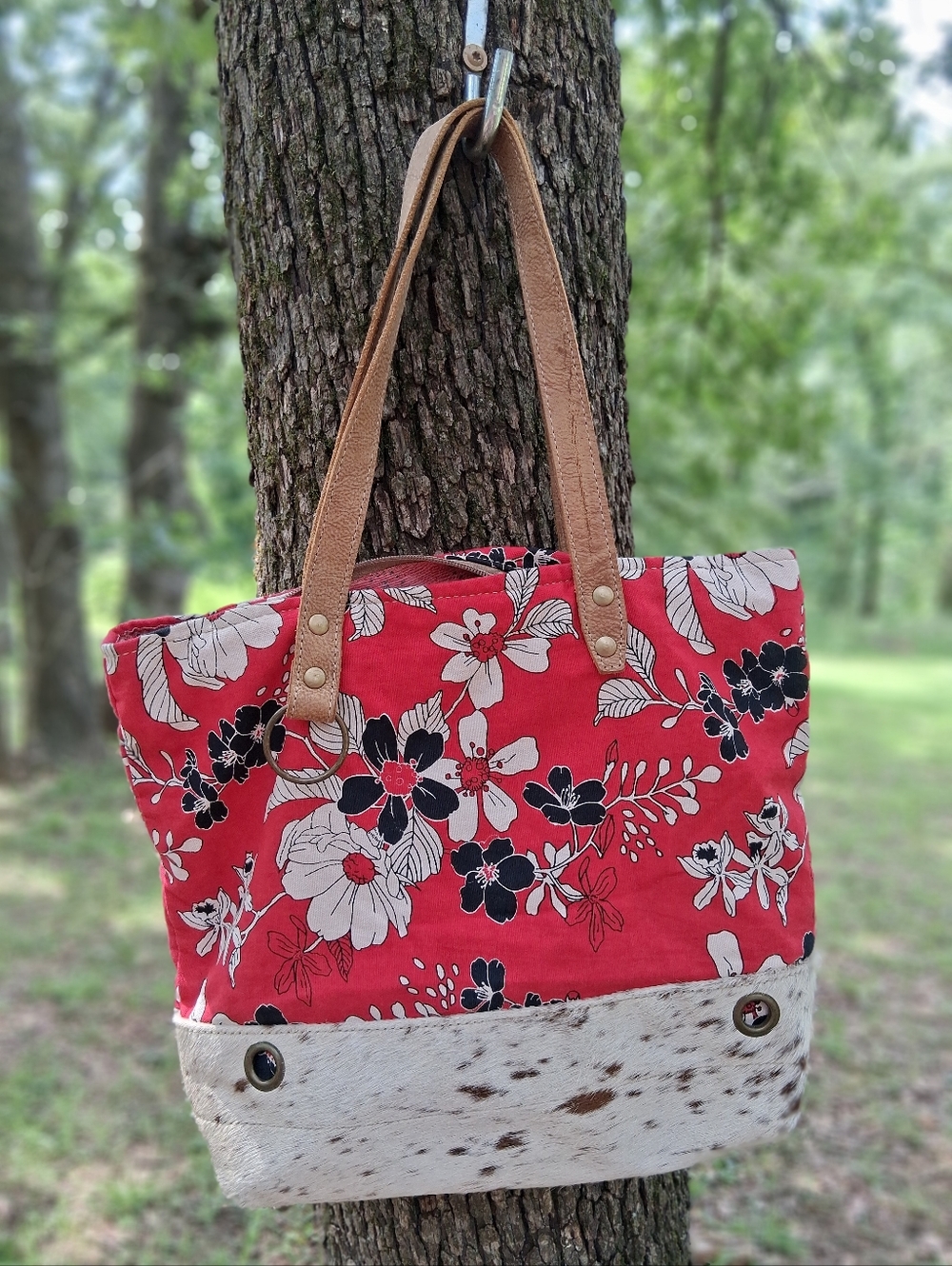 Myra Bag Red Floral Canvas Tote with Cowhide Trim